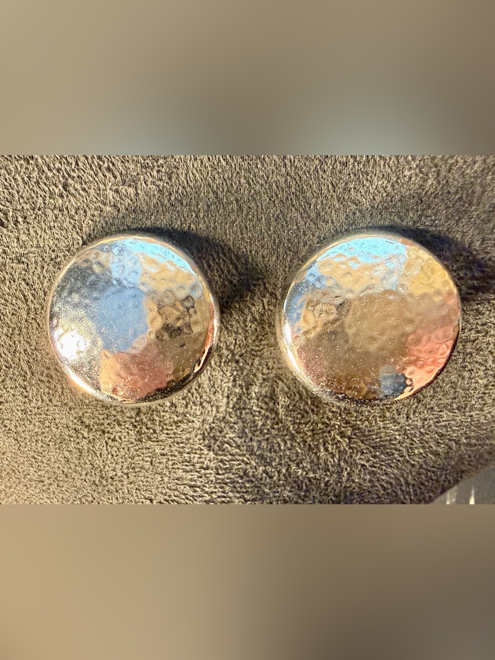 Vintage Signed Monet Hammered Silver Tone Button Clip On Earrings